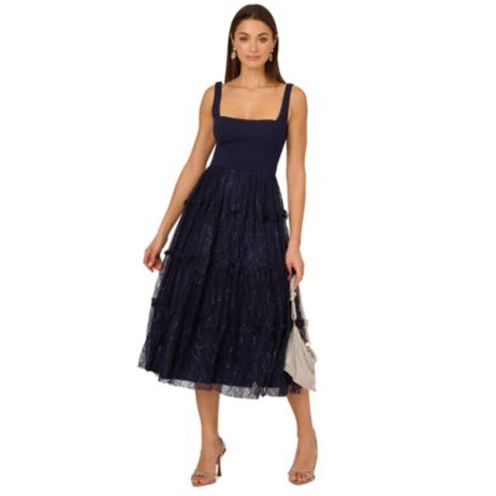 Adrianna Papell Navy Lace Tiered Dress Size 12 NWT Square‑Neck Midi - Picture 4 of 6